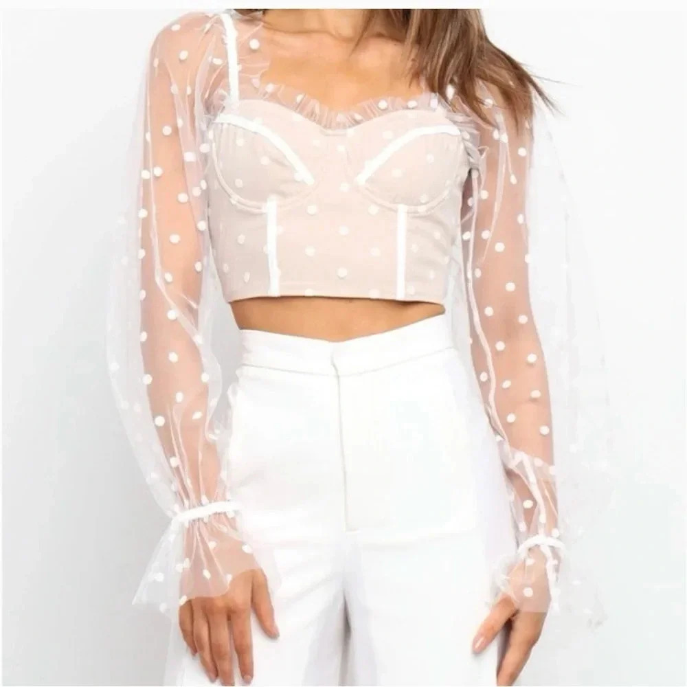 RNWY Runaway Bustier Corset Beige Polka Dot Tulle Sheer sleeves Womens size 6
